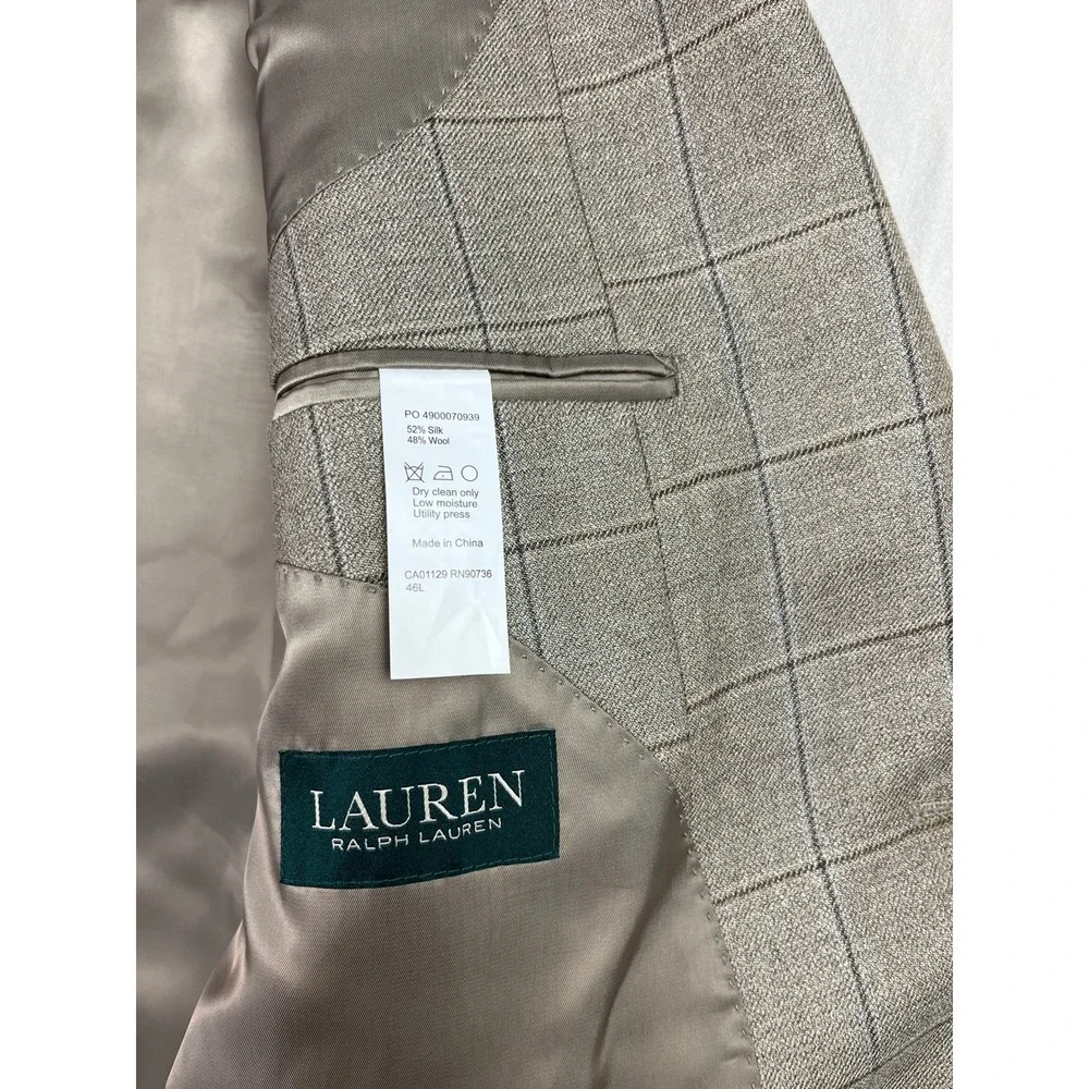 Lauren Ralph Lauren Mens 46L Silk Wool‎ Windowpane Blazer Sport Coat Beige Brown